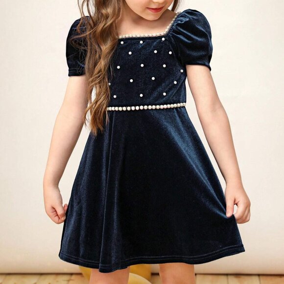Girl Pearls Beaded Puff Sleeve Velvet Party Dress 7T - Picture 4 of 6